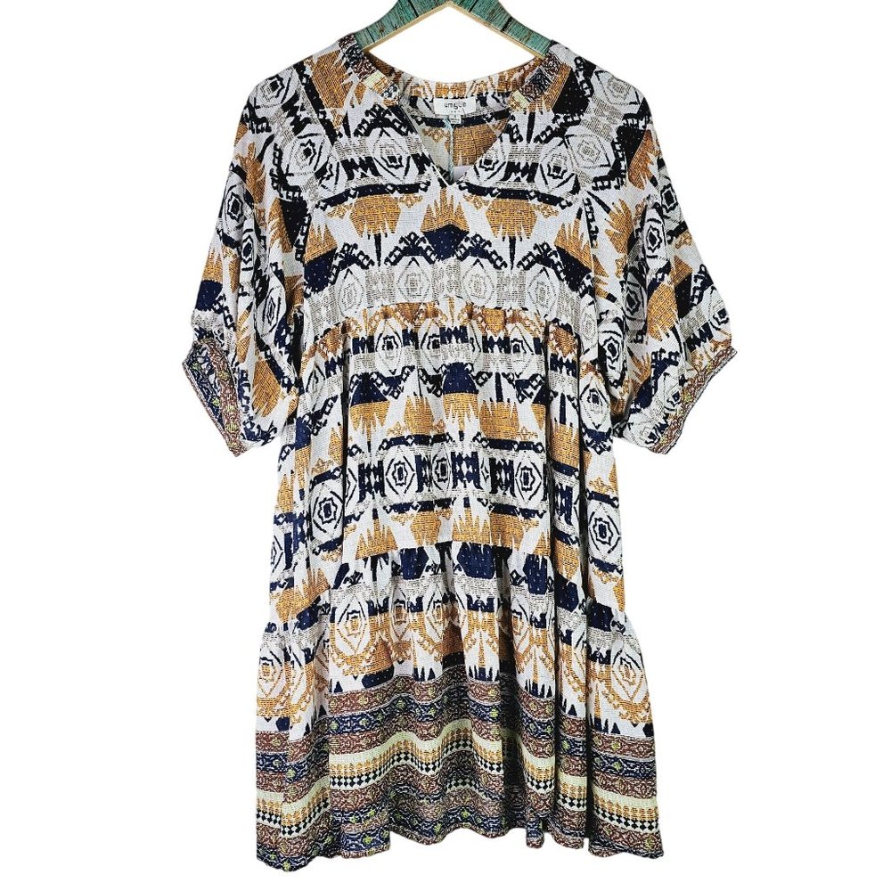 Umgee Aztec Print Mustard Navy Tiered Oversized Babydoll Dress, Sz S, NWT